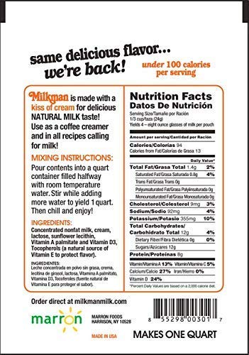 Milkman Low-Fat Dry Milk Powder - 8g Protein, Vitamins A&D,   Free - 4 Servings / 32 Oz (4 Pack)