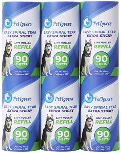 Petlovers Lint Roller Refills - 540 Sheets, Extra Sticky Sheets For Pet Hair, Lint Remover, And Dog & Cat Hair Removal, 6 Pack O