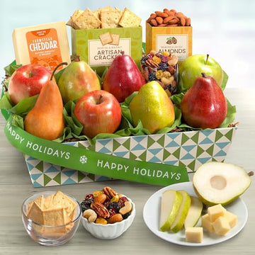 A Gift Inside Fruitfully Classic Happy Holidays Fresh Fruit Basket with Cheese and Nuts