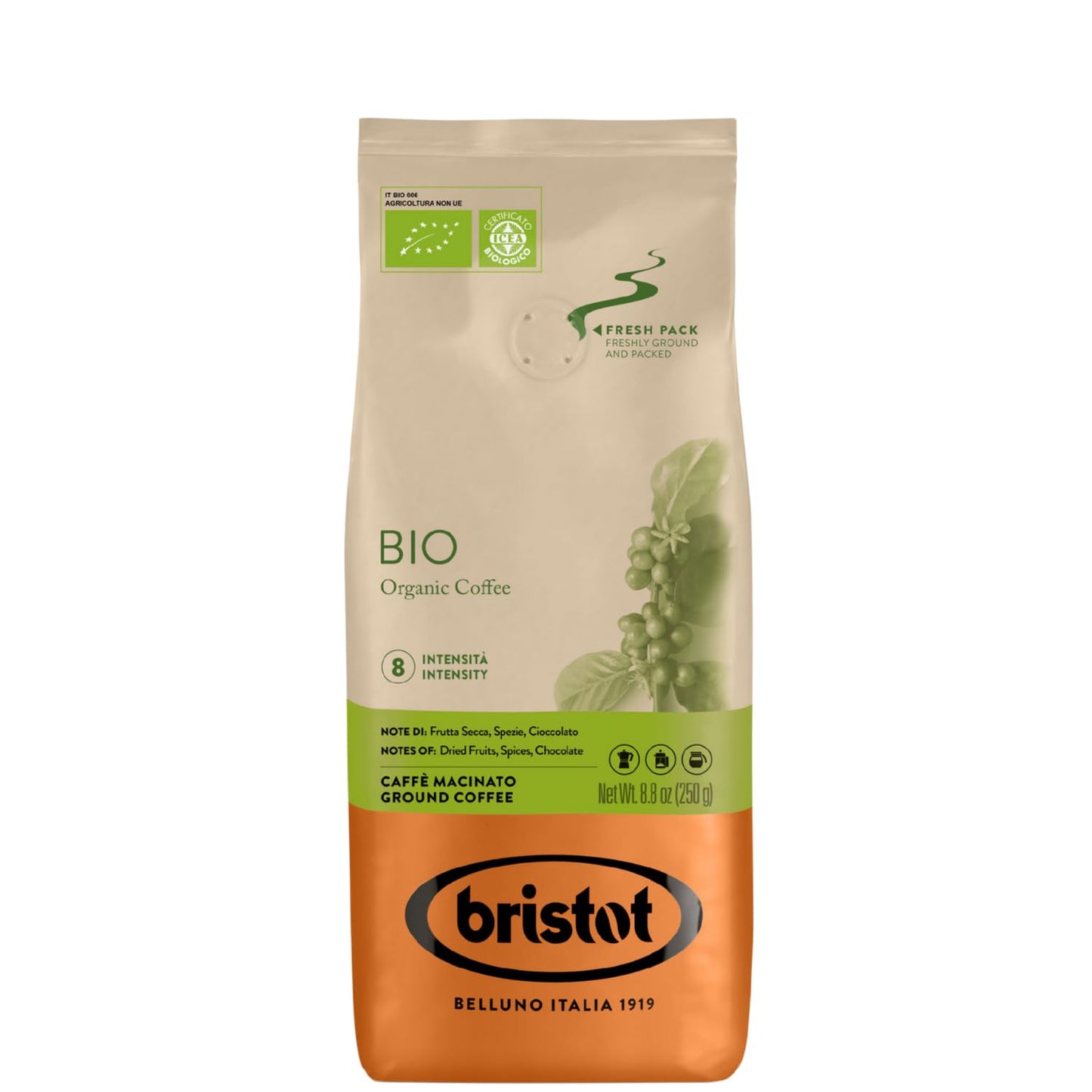 Bristot Organic Ground Espresso - Medium Roast Italian Coffee - For Moka, French Press & Pour Over - 8.8 oz (250g) - Certified B