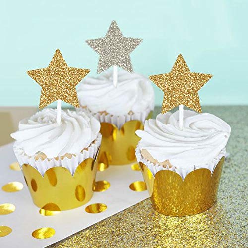 Flairs New York Party Props Decorations Cupcake Toppers (Silver Glitter Mini Stars, Pack Of 10 Cupcake Toppers)