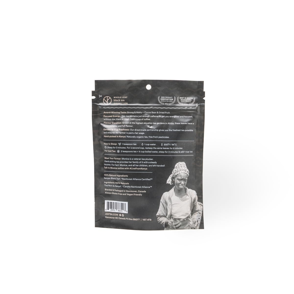 JusTea MT. KENYA BLACK Loose Leaf Black Tea, High Caffeine, Fair Trade, 90g Recyclable Pouch, 40+ Cups