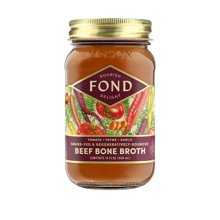 FOND NOURISH DELIGHT Beef Bone Broth with Organic Tomato & Thyme, 14 Fl Oz (Pack of 12)