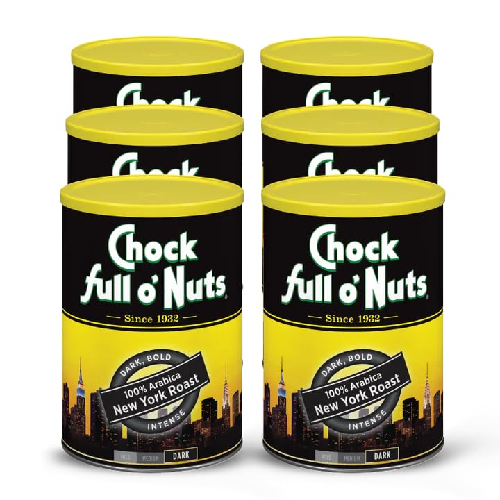 Chock Full O Nuts New York Roast Ground Coffee - Top-Grade Beans In Recyclable Steel Can - Rich Flavor & Aroma  Dark Roast - Perfect For Drip  Pour-Over  Percolator - 10.5 Oz Can  Pack Of 6