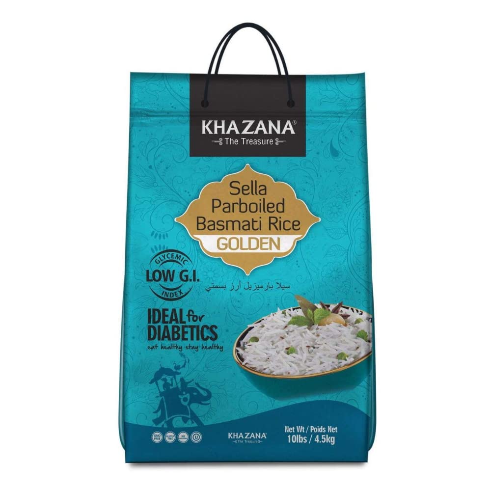 Khazana Authentic Golden Sella Parboiled Basmati Rice - 10lb Resealable Ziploc Bag | Non-GMO, Gluten-Free, Kosher, Cholesterol F