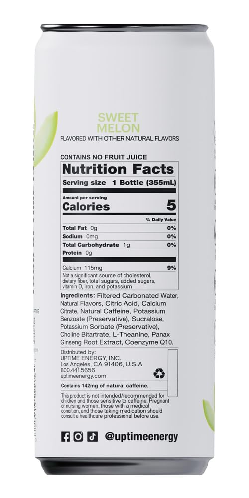 UPTIME Energy Drink - Sweet Summer Melon, 12 Fl Oz Cans, 12 Pack, Sugar Free, 142mg Caffeine, Focus Support