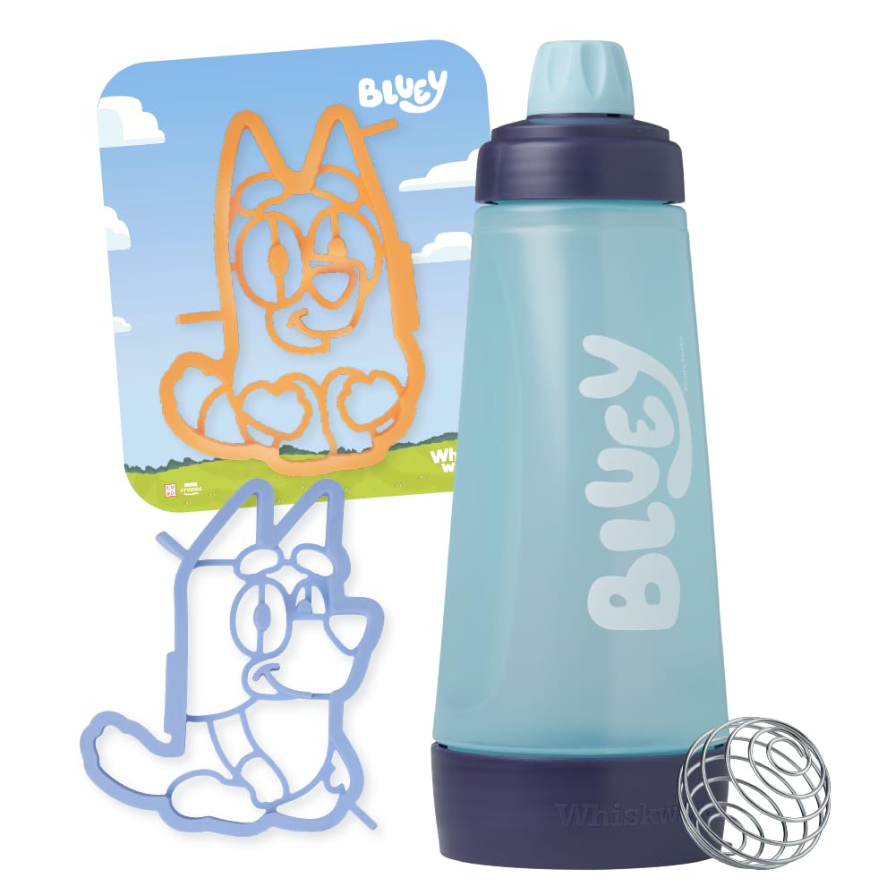 Whiskware Bluey Pancake Art Kit, 1 Batter Bottle, 2 Silicone Bluey and Bingo Pancake Molds, and 1 BlenderBall Wire Whisk, Durabl