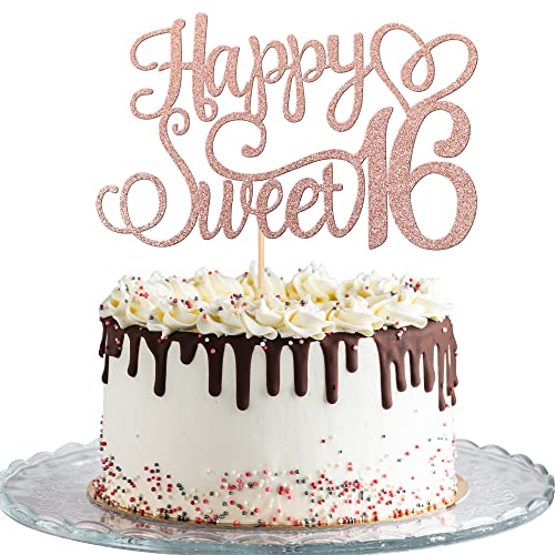 1 PCS Happy Sweet 16 Cake Topper Glitter 16th Birthday Cake Pick Cheers to 16 Years Birthday Cake Decoration for Happy 16th Birt