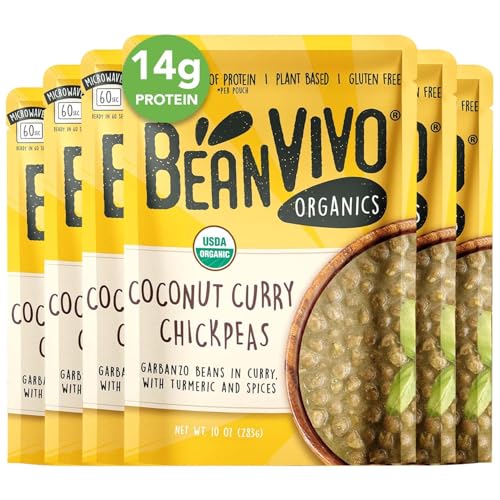 Beanvivo - Organic Coconut Curry Chickpeas Pack Of 6 (10 Oz Each) - Seasoned & Ready To Eat Plant Protein Vegan Gluten Free Micr