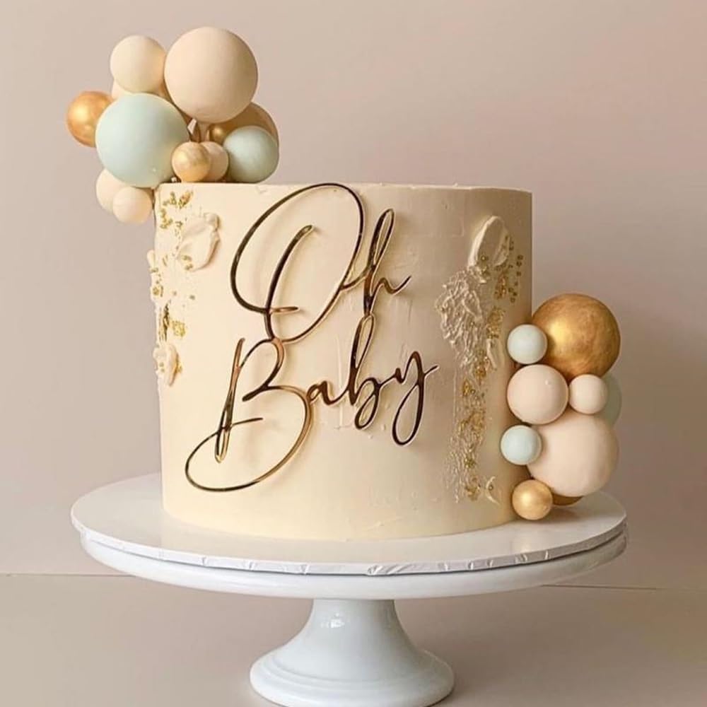 Hsybdnsk Oh Baby Cake Topper  Golden Acrylic Babyshower Party Cake Decoration  Baby Baptism Or Gender Reveal Party Cake Decoration