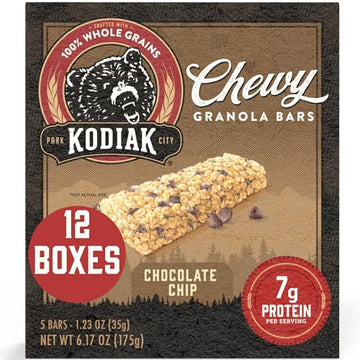 Kodiak Cakes Chewy Granola Snack Bars, Chocolate Chip, High Protein, 100% Whole Grains, 12 Boxes With 5 Bars Each (60 Bars Total)