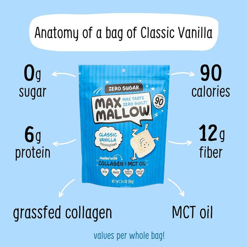 Know Brainer Max Mallow Classic Vanilla - Guilt-Free & Zero Sugar Marshmallows - Low Carb, Zero Fat, Gluten-Free & Ketogenic - M