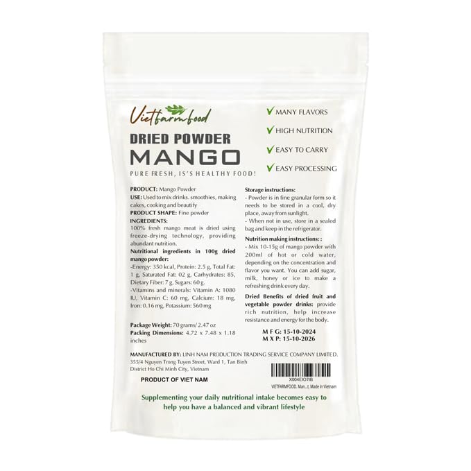 Mango Powder 2.47 Oz (70G) Vietfarmfood: Freeze-Dried Extracted From 100% Pure, Sugar-Free. Used To Mix Mixed Drinks Fresh Fruit