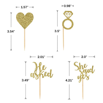 Donoter 24 Pieces Gold Glitter Engagement Cupcake Toppers He Asked She Said Yes Diamond Ring Heart Cupcake Picks For Wedding Bri