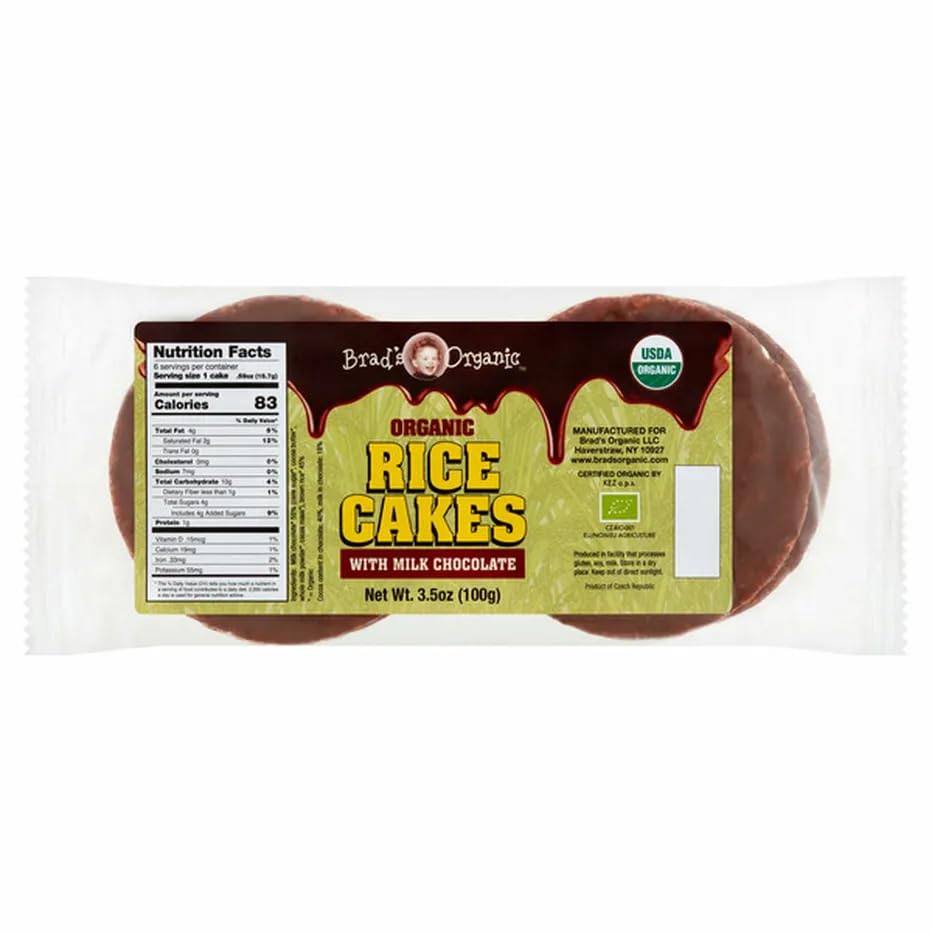 Brads Organic Milk Chocolate Covered Rice Cakes, USDA Organic, Nut Free, Cholesterol Free, Low Sodium, No Salt, 3.5 oz, Pack of 