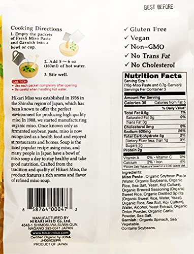 Miso Soup Instant - Hikari Miso Organic Instant Miso Soup with Spinach and Wakame - No MSG, Vegan, Gluten Free, USDA organic - M