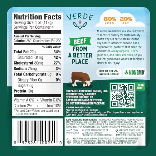 Verde Farms, Ground Beef 80% Lean/20% Fat, Organic, Grass-Fed, 1 lb
