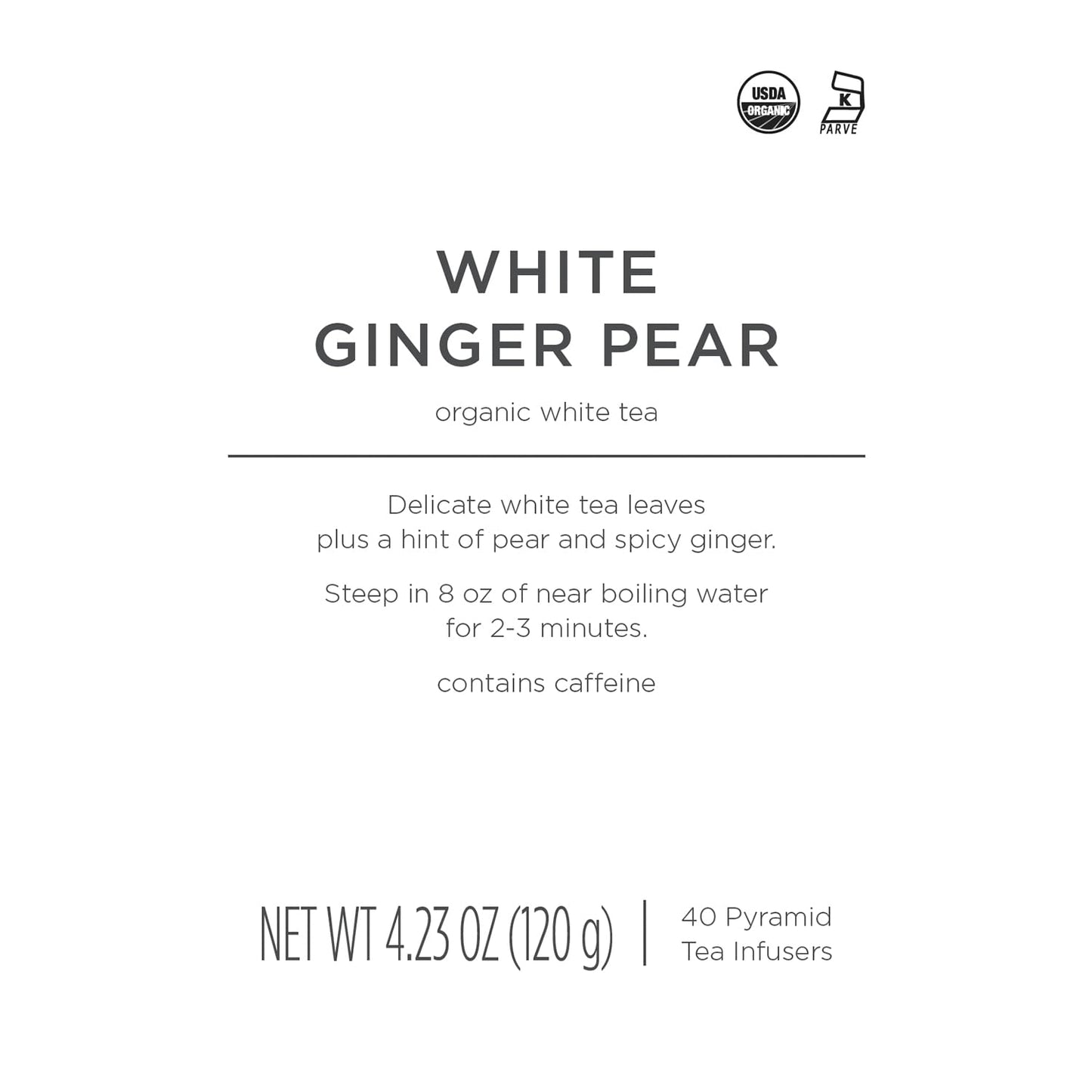 Tea Forte White Ginger Pear Premium Organic Caffeinated White Tea Blend Event Box, Bulk Pack 40 Count, 10 Per Tray Individually