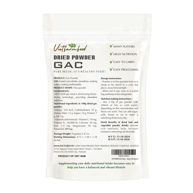 VIETFARMFOOD GAC Fruit Powder 2.47 Oz, Natural, Sugar-Free, Freeze-Dried for Smoothies, Drinks, Cooking, and Baking