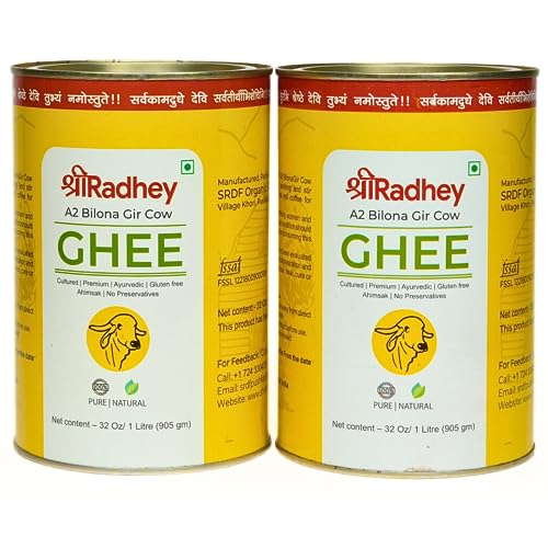 SHREERADHEY A2 Gir Cow Ghee | Traditional Bilona Churned | 1 Liter Tin (Pack Of 2)
