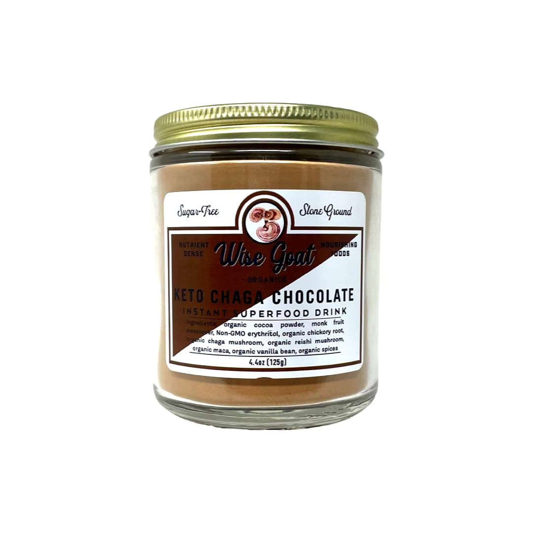 Wise Goat Organics Keto Chaga Chocolate Powder 8 Oz Glass Jar, 3.88 Ounce, Vegan, Gluten-Free, Non-GMO