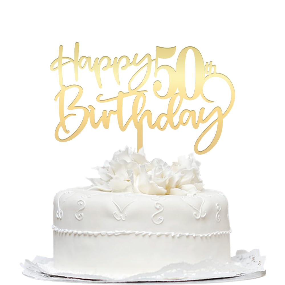 Happy 50th birthday cake Topper,Mirrored Gold Acrylic Durable Cake Topper,50th Birthday Party Cake Decorations,Hello 50th years 
