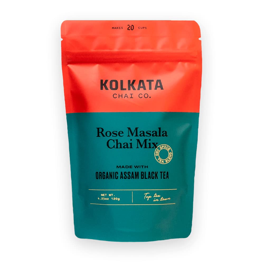 Kolkata Chai Co Rose Masala Chai Mix, Organic Black Tea, 4.23 oz, Makes 20 Cups, Premium Loose Leaf Tea and Spice Blend