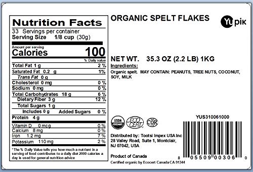 Yupik Organic Spelt Flakes, 2.2 lb, Non-GMO, Vegan (Pack of 2)