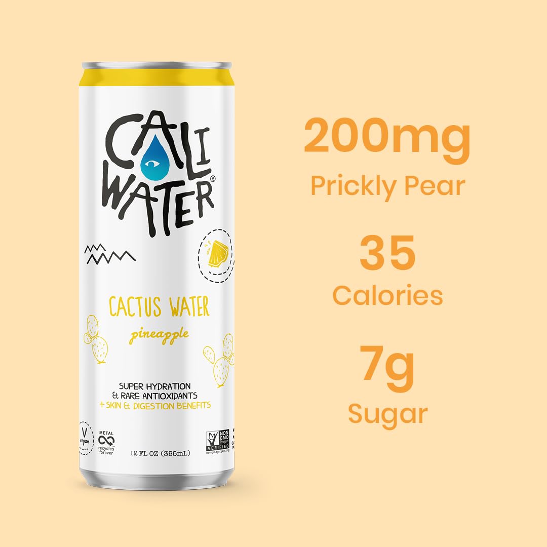 CALIWATER Organic Cactus Water, Pineapple Flavor, 12 Fl Oz (Pack of 12), 5g Sugar, 35 Calories, Plant-Based Hydration