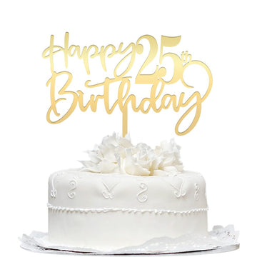 Mirrored Gold Acrylic 25th Birthday Cake Topper - Durable Party Decorations, 'Hello 25' & 'Happy 25' Designs
