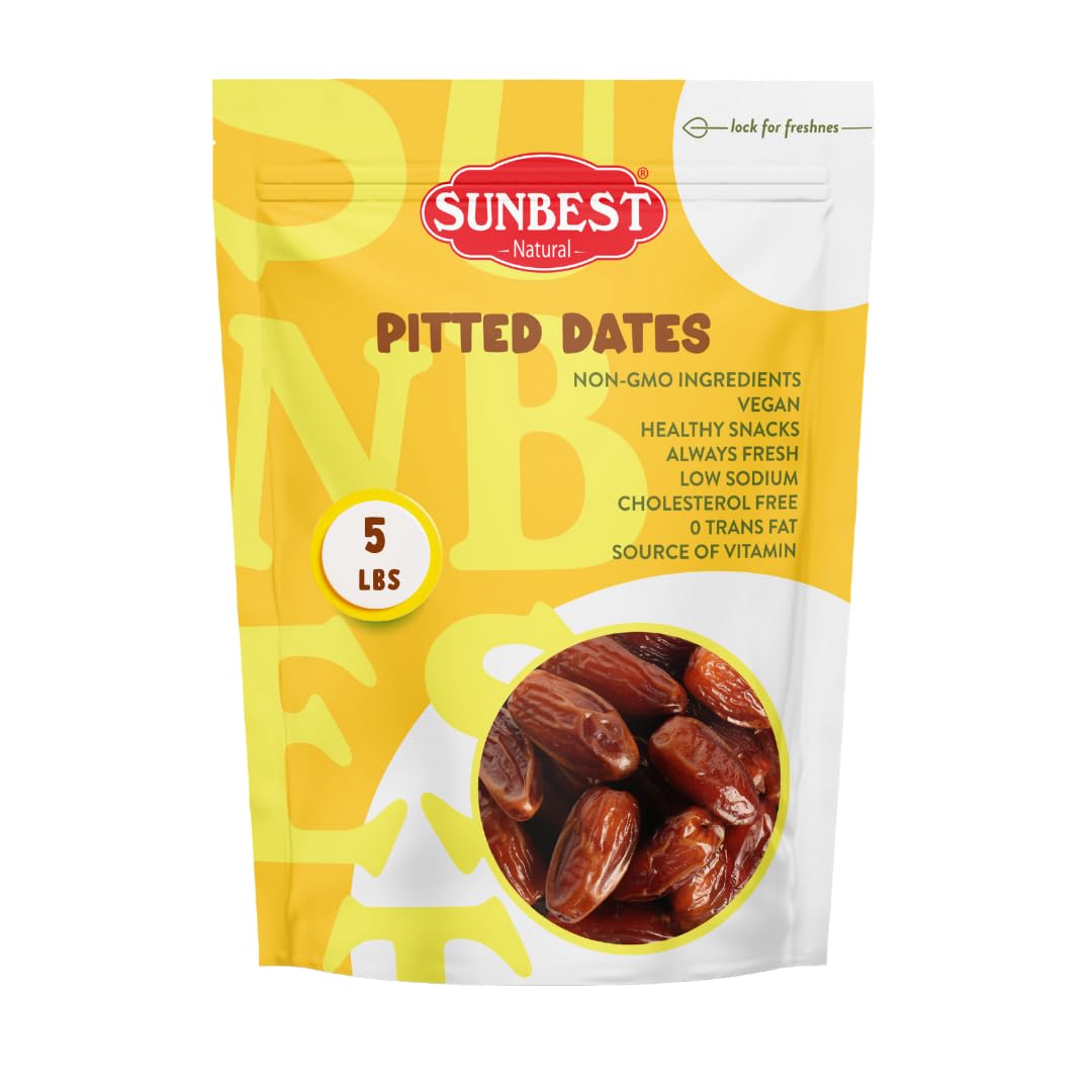 Sunbest Natural Sun-Dried Dates, Pitted 80 Oz (5 Lbs) 1 Pack - Naturally Sweet And Chewy - Vegan, Kosher Certified, Non-Gmo, No Sugar Added - Perfect Healthy Snack & Recipe Enhancer