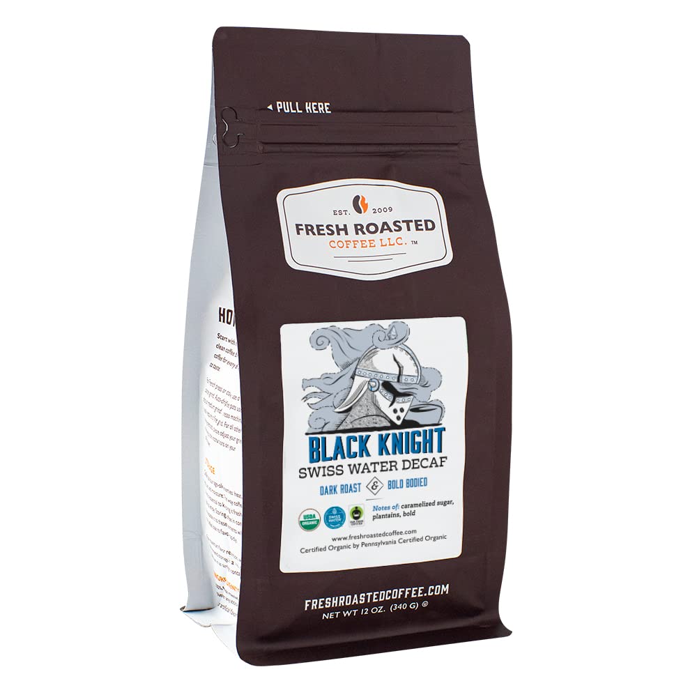 Fresh Roasted Coffee, Organic Black Knight Swiss Water Decaf, 12 Oz, Dark Roast, Fair Trade Kosher, Ground