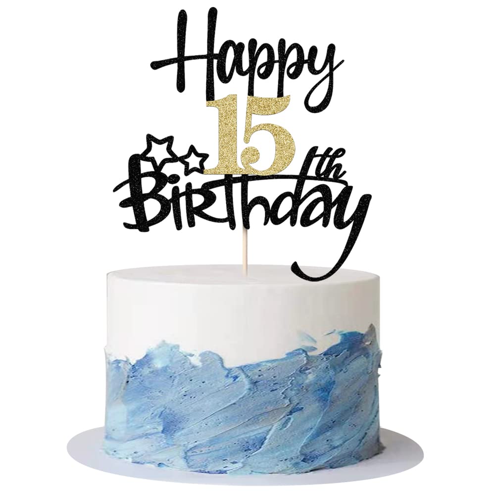 Kaoenla Black Gold Glitter Happy 15th Birthday Cake Topper - Hello 15/Cheers15,Happy fifteen Birthday Anniversary,15 years old b