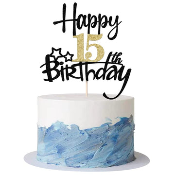 Kaoenla Black Gold Glitter Happy 15th Birthday Cake Topper - Hello 15/Cheers15,Happy fifteen Birthday Anniversary,15 years old b