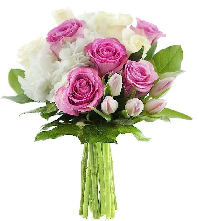 Kabloom Flowers - Mother'S Day Collection -5 Pink Rose 4 White Rose 5 Pink Tulip 1 White Hydrangea And Greens With Vase, Gift Fo
