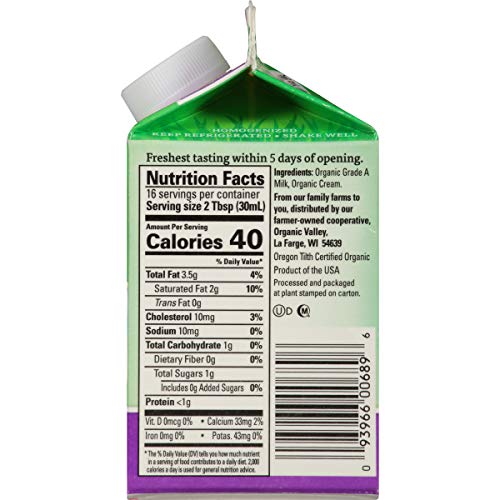 Organic Valley Grassmilk Half and Half - Organic, Grass Fed, Non GMO - 16 oz (Pint)
