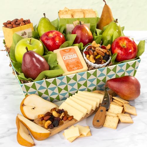 A Gift Inside Classic Fresh Fruit Basket Gift with Crackers, Cheese and Nuts for Holiday, Thank You, Birthday, Get Well, Anniver