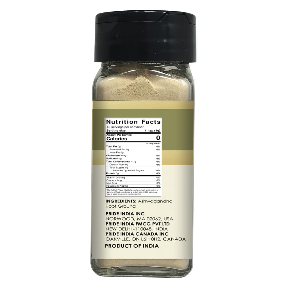 Pride Of India Natural Ashwagandha Root Ground - 1.6 oz Small Dual Sifter Jar - Gluten Free, Easy to Use