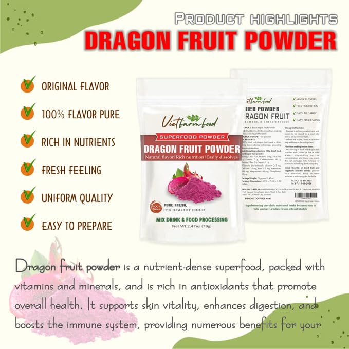 Red Dragon Fruit Powder 2.47 Oz (70G) Vietfarmfood: Freeze-Dried Extracted From 100% Pure, Sugar-Free. Used To Mix Mixed Drinks
