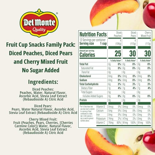 Del Monte Fruit Cup Snacks Variety Pack with No Added Sugar, 4 oz Cups (12 Pack) Diced Peaches, Diced Pears, Cherry Mixed Fruit