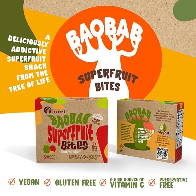 Baobest Superfruit Bites - Baobab Chews Mango Snack Pack - Vegan, Gluten Free, Preservative Free, Palm Oil Free, High Vitamin C