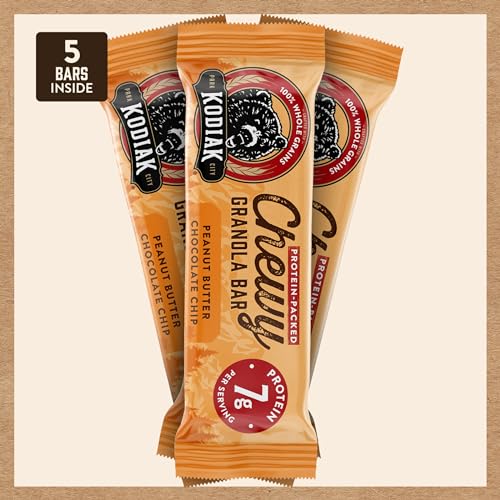 Kodiak Cakes Chewy Granola Snack Bars, Peanut Butter Chocolate Chip, High Protein, 100% Whole Grains, 12 boxes with 5 bars each