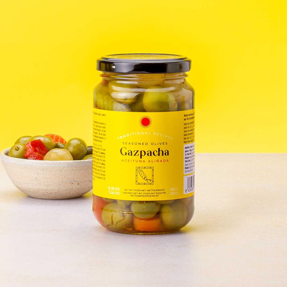 Triana Olivas By Don Gastronom. Seasoned Gazpacha Olives. 350G (12.35Oz).