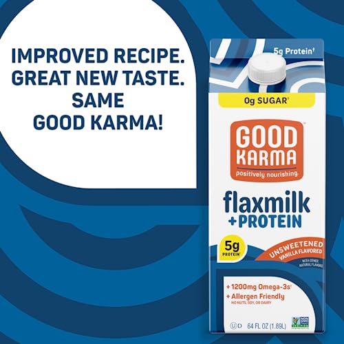 Good Karma Unsweetened Vanilla Flaxmilk +Protein, 64 Ounce, 5g Plant Protein + 1200mg Omega-3 Per Serving, Plant-Based Non-Dairy