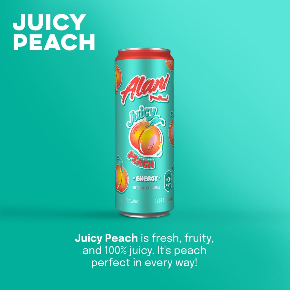 Alani Nu Energy Drinks, Juicy Peach, Sugar Free, 200mg Caffeine, 12 Fl Oz Cans, Pack of 12, Orange