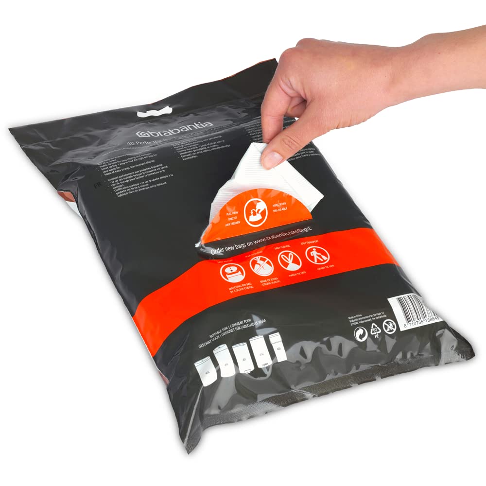 Brabantia Perfectfit Trash Bags (Size L/10.6-12 Gal) Thick Plastic Trash Can Liners With Drawstring Handles (40 Bags)