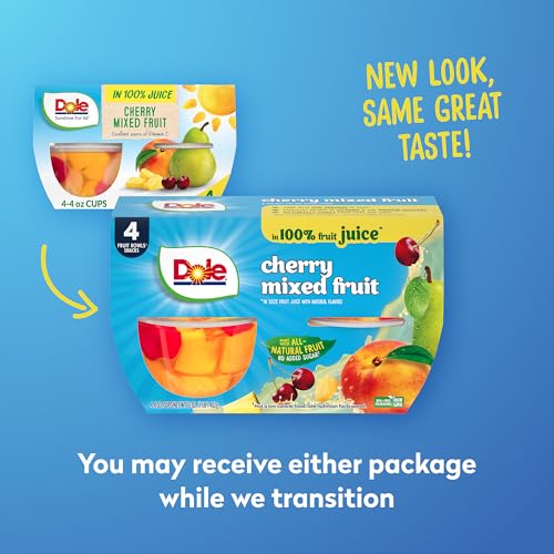 Dole Fruit Bowls Cherry Mixed Fruit in 100% Juice Snacks, 4oz 24 Total Cups, Gluten & Dairy Free, Bulk Lunch Snacks for Kids & A