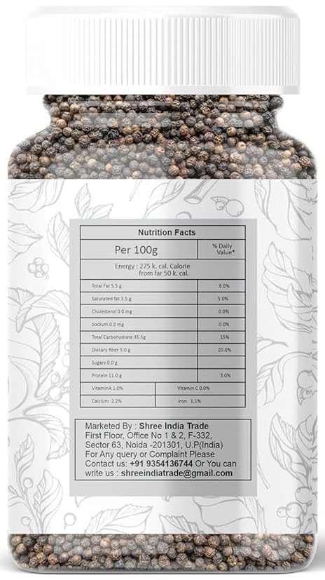 AYURVEDASHREE Black Pepper Whole (Peppercorns) - Premium Quality 100gm PET Jar, All Natural, Non-GMO, Piper nigspirit-inspired flavor, Indian Spice