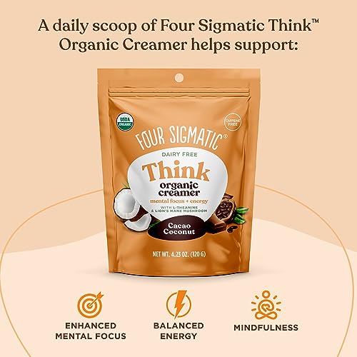Think Cacao Coconut Coffee Creamer By Four Sigmatic | Chocolate Organic Coffee Creamer With Lions Mane And L-Theanine | Powdered