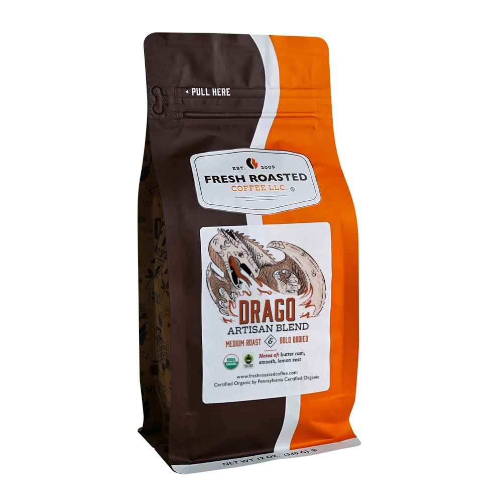 Fresh Roasted Coffee Organic Drago Medium Roast Whole Bean 12 oz Fair Trade Kosher
